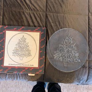 VINTAGE L.E. SMITH 13" CRYSTAL PARTY PLATE, CHRISTMAS SERVING PLATE, MADE IN USA